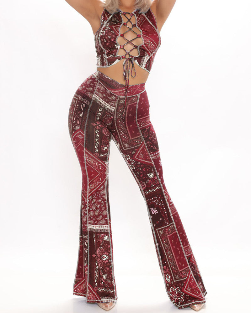 Three piece headscarf lace up vest and flared pants set