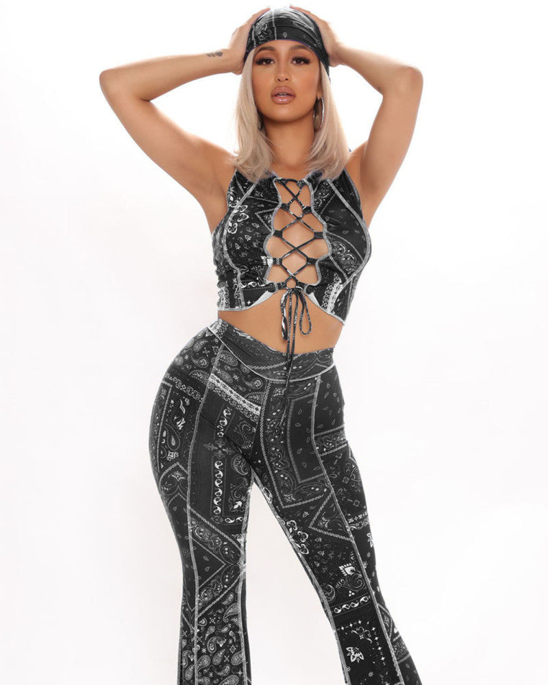 Three piece headscarf lace up vest and flared pants set