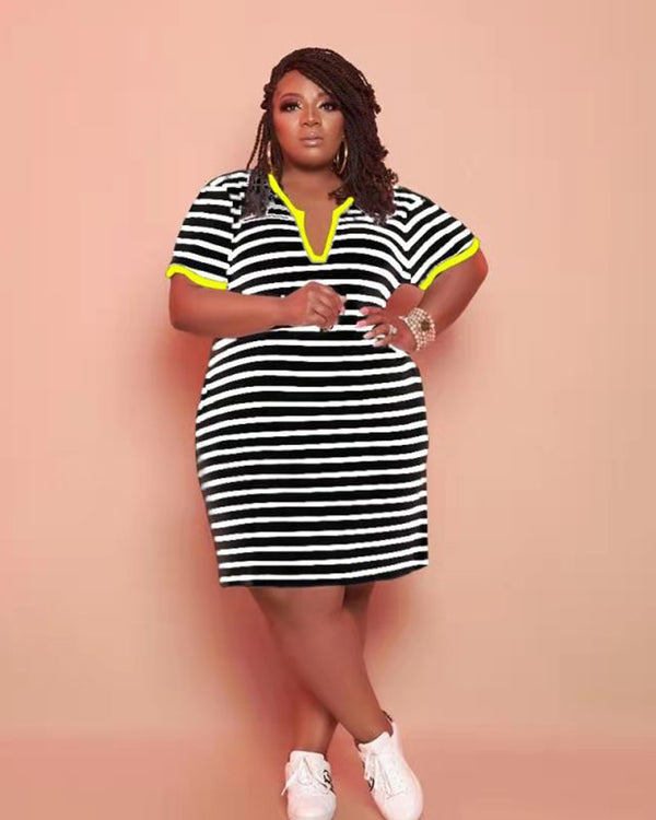 Striped Notched Neck Tee Dress